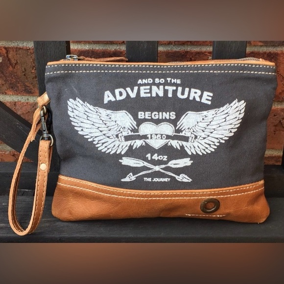 Myra Bag ADVENTURE BEGINS Distressed Pouch Wristlet Pouch Zip Pouch Clutch NEW - Picture 1 of 13